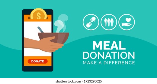 Meal and food donation app on a smartphone, volunteering and charity concept