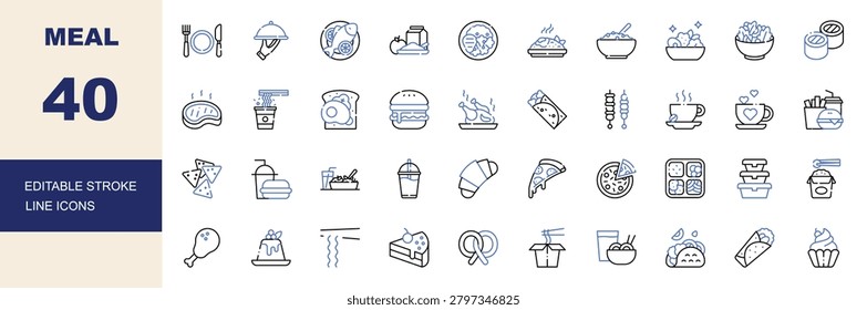 Meal and Food Editable Stroke Line Icons Set. Burger, Pizza, Coffee, Taco and Dessert Vector Illustration