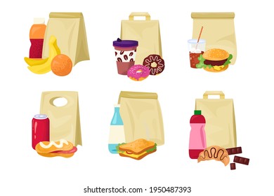 Meal food in paper bag, lunch box set, vector illustration. Snack, breakfast in pack collection, package container with sandwich isolated on white.