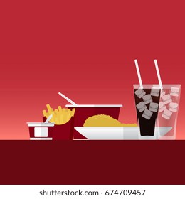 Meal with french fries, fried chicken? mash potato, cola and soda on takeaway set of fast food. Vector Illustration design.
