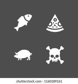 meal icon. 4 meal set with fish, pork, pizza and human skull with crossed bones silhouette vector icons for web and mobile app