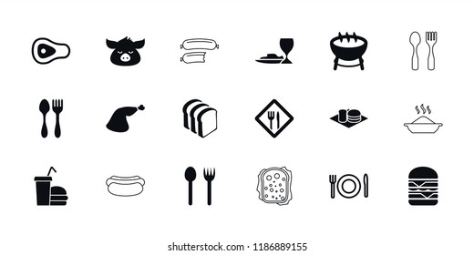 Meal icon. collection of 18 meal filled and outline icons such as barbecue, fork and spoon, bread slices, double burger, meat leg. editable meal icons for web and mobile.