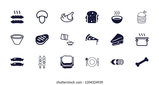 Meal icon. collection of 18 meal filled and outline icons such as sausage, sandwich, soup, beef, chicken, mushroom, pan, cereal, bowl. editable meal icons for web and mobile.