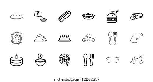 Meal icon. collection of 18 meal outline icons such as fork and spoon, cake, wrap sandwich, burger with pepper, pie, soup, cereal. editable meal icons for web and mobile.