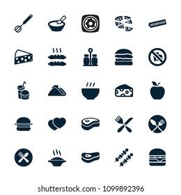 Meal icon. collection of 25 meal filled icons such as cheese, porridge, soup, pizza, cheeseburger, burger and drink, sausage, reserved. editable meal icons for web and mobile.