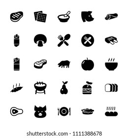 Meal icon. collection of 25 meal filled icons such as apple, pig, porridge, cookies, barbecue, wrap sandwich, burger with sausage. editable meal icons for web and mobile.