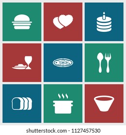 Meal icon. collection of 9 meal filled icons such as pan, bowl, cookies, burger, bread slices, fork and spoon, pizza. editable meal icons for web and mobile.