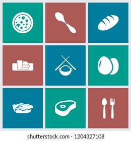 Meal icon. collection of 9 meal filled icons such as egg, bread, pie, beef, asian food, plate fork and knife, soda and burger, spoon. editable meal icons for web and mobile.