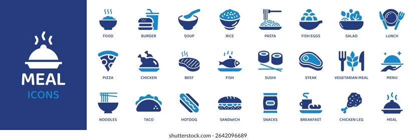 Refeição - Coleção de Ícones. O conjunto de linhas finas contém ícones como Refeição, Prato, Prato, Curso, Início, Principal, Sobremesa e muito mais. Conjunto de ícones simples da Web.