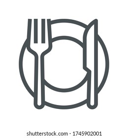 Meal Icon. fork, knife and dish,  Monoline concept 