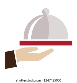 Meal Icon. Hand Of Waiter With Serving Tray. Vector Waiter Serving Illustration