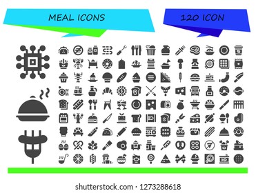  meal icon set. 120 filled meal icons. Simple modern icons about  - Chip, Sausage, Salver, Taco, No food, Pots, Sausages, Fork, Cutlery, Chicken, Canteen, Knife, Meat, Noodles