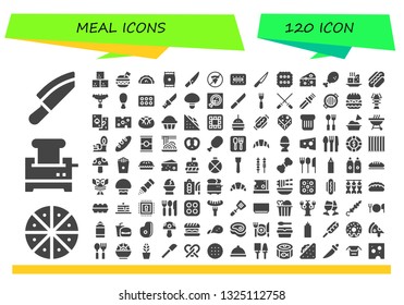 meal icon set. 120 filled meal icons.  Collection Of - Knife, Pizza, Toaster, Sugar cube, Burger, Pastry, Snack, No fast food, Biscuit, Cheese, Chicken leg, Tofu, Hot dog, Sausage