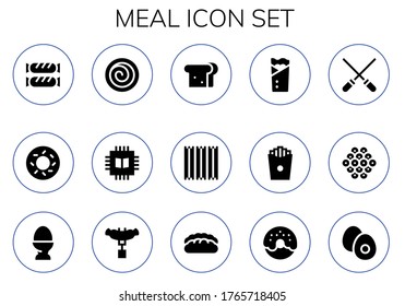 meal icon set. 15 filled meal icons.  Simple modern icons such as: Sausage, Bagel, Cinnamon roll, Chip, Sandwich, Churros, Kebab, French fries, Skewers, Caviar, Egg, Bread, Donut