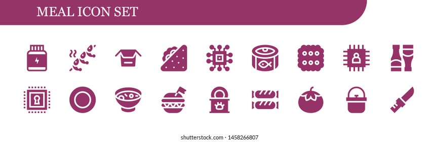 meal icon set. 18 filled meal icons.  Collection Of - Protein, Shrimp, Noodles, Sandwich, Chip, Canned food, Biscuit, Sauces, Plate, Soup, Burger, Tinned food, Sausage, Tomato