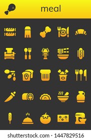 meal icon set. 26 filled meal icons.  Simple modern icons about  - Sausage, Chicken, Salt, Bone, Breakfast, Croissant, Toaster, Cutlery, Lobster, Noodle, Hot dog, Spoons, Toast