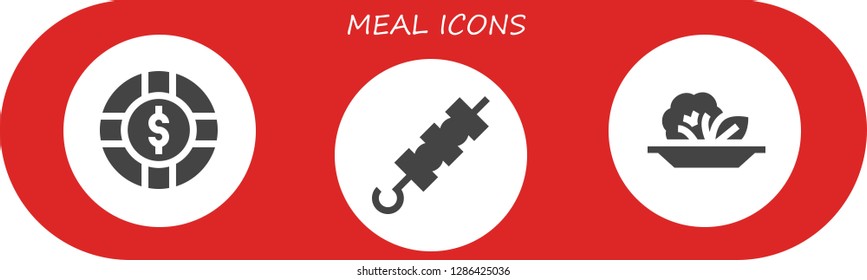  meal icon set. 3 filled meal icons. Simple modern icons about  - Chip, Brochette, Salad