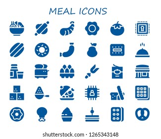 meal icon set. 30 filled meal icons. Simple modern icons about  - Salad, Rolling pin, Shrimp, Fried egg, Tomato, Chip, Hot dog, Bagel, Sausage, Pear, Biscuit, Meal, Diary product