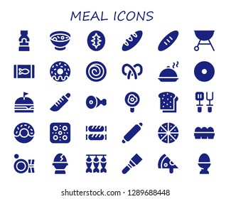 meal icon set. 30 filled meal icons. Simple modern icons about  - Mustard, Soup, Sourdough, Bread, Grill, Canned food, Donut, Cinnamon roll, Pretzel, Salver, Burger, Knife, Meat