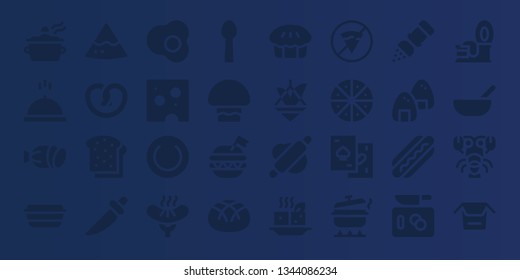 meal icon set. 32 filled meal icons. on blue background style Collection Of - Pot, Meal, Salami, Lunch box, Nachos, Pretzel, Toast, Knife, Egg, Cheese, Plate, Sausage, Spoon, Mushroom