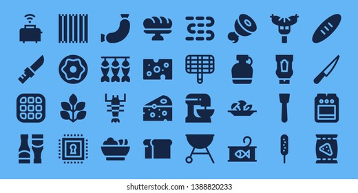 meal icon set. 32 filled meal icons. on blue background style Simple modern icons about  - Toaster, Knife, Waffle, Sauces, Churros, Donut, Spinach, Chip, Sausage, Dried fish, Lobster