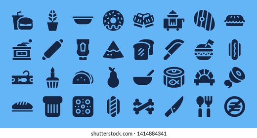 Meal Icon Set. 32 Filled Meal Icons. On Blue Background Style Simple Modern Icons About  - Fast Food, Grinder, Tuna, Bread, Pot, Rolling Pin, Cupcake, Toast, Bowl, Ketchup, Taco