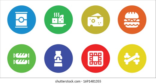 meal icon set. 8 filled meal icons.  Simple modern icons such as: Tomato, Sausage, Tofu, Mustard, Cheese, Waffle, Burger, Bones