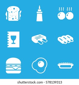 meal icon. Set of 9 meal filled icons such as sausage, ketchup, cheeseburger, sandwich, pie, menu, meat