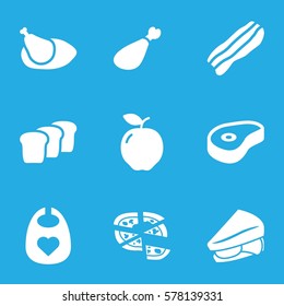 meal icon. Set of 9 meal filled icons such as apple, baby bid, pizza, sandwich, meat leg, beef, chicken, bacon