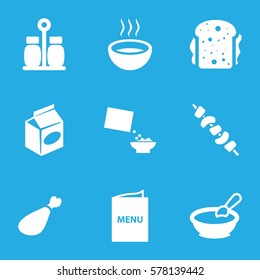 meal icon. Set of 9 meal filled icons such as porridge, sandwich, kebab, meat leg, soup, take away food, cereal, menu