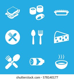 meal icon. Set of 9 meal filled icons such as sausage, spoon and fork, sandwich, fork and spoon, soup, pie, sushi