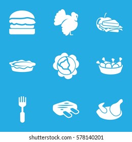meal icon. Set of 9 meal filled icons such as chicken, cabbage, turkey, chicken leg, pie, sandwich and apple, fork, burger