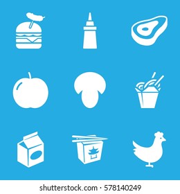 meal icon. Set of 9 meal filled icons such as chicken, beef, mushroom, apple, ketchup, chinese fast food, burger with sausage