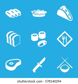 meal icon. Set of 9 meal filled icons such as sausage, taco, bread slices, pie, beef, restaurant, sushi, asian food