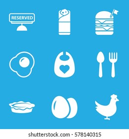 meal icon. Set of 9 meal filled icons such as chicken, egg, spoon and fork, baby bid, double burger with flag, burrito, pie