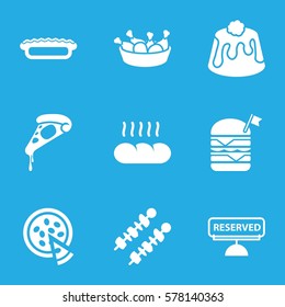 meal icon. Set of 9 meal filled icons such as pizza, chicken leg, double burger with flag, pie, reserved, bread