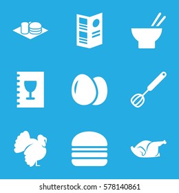 meal icon. Set of 9 meal filled icons such as egg, turkey, asian food, burger, soda and burger, chicken, menu