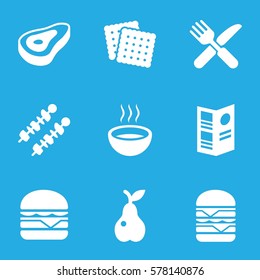 meal icon. Set of 9 meal filled icons such as beef, cookies, cheeseburger, double burger, fork and knife, soup, pear, menu