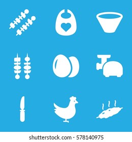 meal icon. Set of 9 meal filled icons such as chicken, egg, baby bid, knife, kebab, meat, bowl