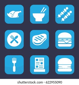 Meal icon. set of 9 filled meal icons such as asian food, cheeseburger, chicken, fork, spoon and fork, beef, menu, kebab