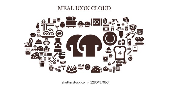  meal icon set. 93 filled meal icons. Simple modern icons about  - Mushroom, Muffin, Sauce, Toaster, Canned food, Sourdough, Taco, Soup, Bitterballen, Chocolate bar, Baby food