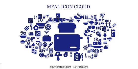 meal icon set. 93 filled meal icons.  Collection Of - Toaster, Meat, Biscuit, Sugar cube, Sausage, Fork, Cutting board, Mushroom, Pie, Hot dog, Pot, Cutlery, Bread, Donut, Bowl