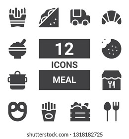 meal icon set. Collection of 12 filled meal icons included Cutlery, Fruit box, Fries, Pretzel, Restaurant, Pot, Cookie, Sandwich, Croissant, Rice, French fries, Food truck