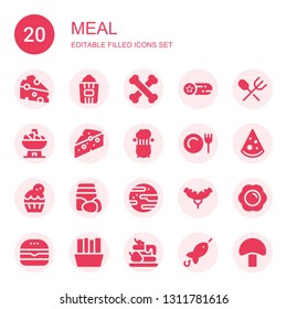 meal icon set. Collection of 20 filled meal icons included Cheese, Popcorn, Bones, Cucumber, Cutlery, Bowl, Pot, Dinner, Pizza, Cupcake, Ingredients, Jawbreaker, Sausage, Fried egg