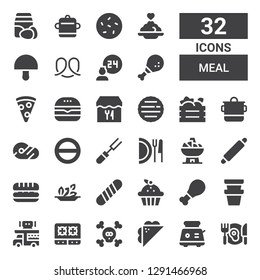 meal icon set. Collection of 32 filled meal icons included Dinner, Toaster, Sandwich, Bones, Stove, Food truck, Pot, Chicken, Cupcake, Baguette, Salad, Rolling pin, Bowl, Dish