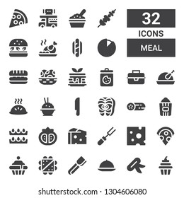 meal icon set. Collection of 32 filled meal icons included Cupcake, Knife, Room service, Tongs, Sandwich, Pizza, Cheese, Fork, Tomato, Eggs, Popcorn, Cucumber, Salmon, Rice, Dumpling