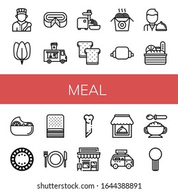 meal icon set. Collection of Chef, Spinach, Cheese, Food truck, Mincer, Toast, Noodles, Croissant, Waiter, Bread, Salad, Plate, Bacon, Restaurant, Bone, Cafe, Fast food icons