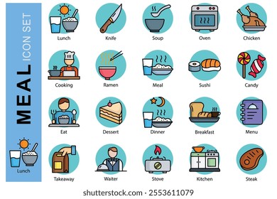 Meal icon set. colored outline icon style. lunch, soup, chicken, and more. meal element vector illustration