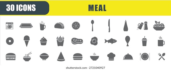 Ikonensatz für Mahlzeiten. Enthalten Hühnertrommeln, Pommes Frites, Steak, Pizza Slice, Burger, Fisch und Pasta-Symbole. Solide Symbolsammlung. Vektorgrafik.