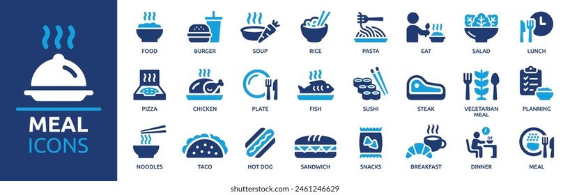 Meal icon set. Containing food, lunch, eat, dinner, pasta, rice, pizza, salad, soup, breakfast and more. Vector solid icons collection.
